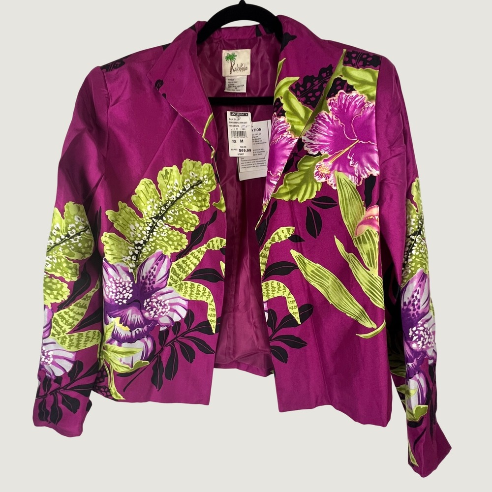 Kula Kula Womens 100% Silk Magenta Tropical Floral Blazer Jacket Size M NWT